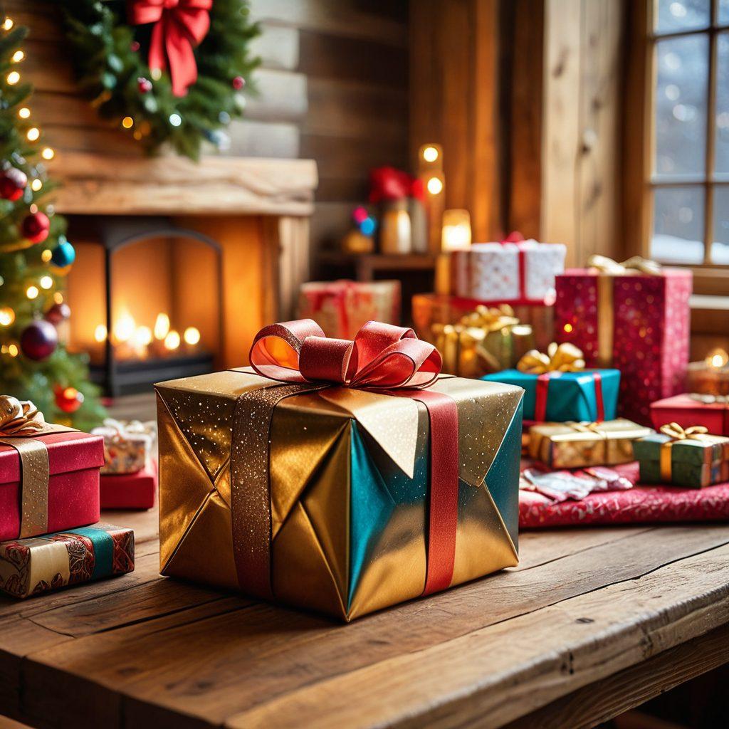 A beautifully wrapped present sitting on a wooden table, surrounded by various unique gifts like handmade crafts, gadgets, and trendy items. In the background, a colorful display of discounted gift cards enticingly arranged. Soft, warm lighting to create an inviting atmosphere, with a touch of festive decor. super-realistic. vibrant colors. soft focus.