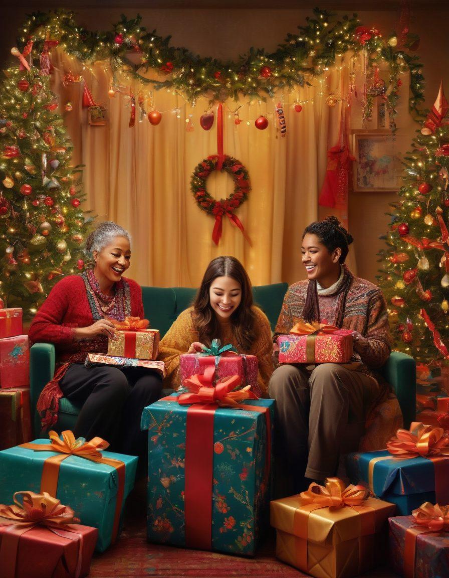 A colorful and festive collage of beautifully wrapped gifts in various shapes and sizes, surrounded by diverse characters joyfully exchanging presents, symbolizing different cultures and ages. Include a cozy holiday setting with twinkling lights and a warm atmosphere to evoke excitement and warmth. super-realistic. vibrant colors. cozy ambiance.