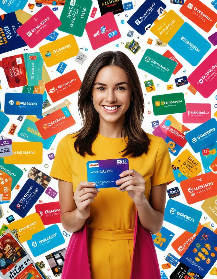 A visually striking collage featuring a variety of colorful gift cards and vouchers, each with enticing discount labels prominently displayed. Include elements like a shopping cart overflowing with these cards, and a happy person holding a smartphone showing a savings app. Integrate subtle dollar signs and shopping icons in the background to emphasize savings. super-realistic. vibrant colors. white background.
